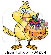 Poster, Art Print Of Trick Or Treating Canary Holding A Pumpkin Basket Full Of Halloween Candy