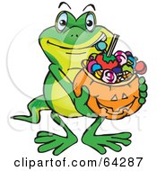 Poster, Art Print Of Trick Or Treating Gecko Holding A Pumpkin Basket Full Of Halloween Candy