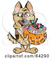 Trick Or Treating German Shepherd Holding A Pumpkin Basket Full Of Halloween Candy