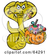Poster, Art Print Of Trick Or Treating Cobra Holding A Pumpkin Basket Full Of Halloween Candy