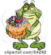 Poster, Art Print Of Trick Or Treating Bullfrog Holding A Pumpkin Basket Full Of Halloween Candy