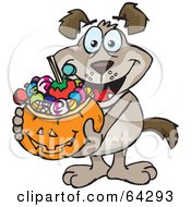 Poster, Art Print Of Trick Or Treating Canine Holding A Pumpkin Basket Full Of Halloween Candy