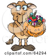 Poster, Art Print Of Trick Or Treating Camel Holding A Pumpkin Basket Full Of Halloween Candy