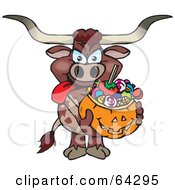 Poster, Art Print Of Trick Or Treating Long Horn Bull Holding A Pumpkin Basket Full Of Halloween Candy