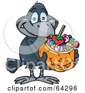 Poster, Art Print Of Trick Or Treating Crow Holding A Pumpkin Basket Full Of Halloween Candy