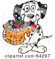 Trick Or Treating Dalmatian Holding A Pumpkin Basket Full Of Halloween Candy