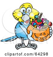 Poster, Art Print Of Trick Or Treating Budgie Holding A Pumpkin Basket Full Of Halloween Candy