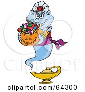 Poster, Art Print Of Trick Or Treating Genie Holding A Pumpkin Basket Full Of Halloween Candy