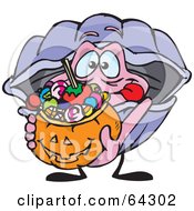 Royalty Free RF Clipart Illustration Of A Trick Or Treating Clam Holding A Pumpkin Basket Full Of Halloween Candy