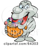 Poster, Art Print Of Trick Or Treating Dolphin Holding A Pumpkin Basket Full Of Halloween Candy