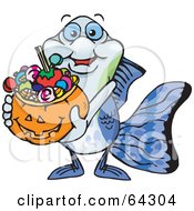 Poster, Art Print Of Trick Or Treating Guppy Holding A Pumpkin Basket Full Of Halloween Candy