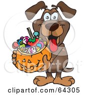 Poster, Art Print Of Trick Or Treating Wiener Dog Holding A Pumpkin Basket Full Of Halloween Candy