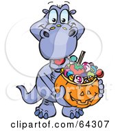Poster, Art Print Of Trick Or Treating Dino Holding A Pumpkin Basket Full Of Halloween Candy