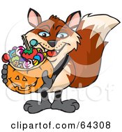Poster, Art Print Of Trick Or Treating Fox Holding A Pumpkin Basket Full Of Halloween Candy