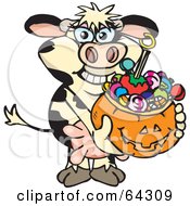 Poster, Art Print Of Trick Or Treating Cow Holding A Pumpkin Basket Full Of Halloween Candy