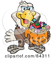 Poster, Art Print Of Trick Or Treating Bald Eagle Holding A Pumpkin Basket Full Of Halloween Candy