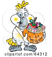 Poster, Art Print Of Trick Or Treating Cockatoo Holding A Pumpkin Basket Full Of Halloween Candy