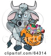 Poster, Art Print Of Trick Or Treating Longhorn Bull Holding A Pumpkin Basket Full Of Halloween Candy