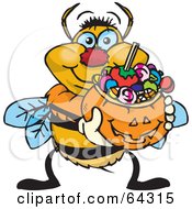 Poster, Art Print Of Trick Or Treating Bumble Bee Holding A Pumpkin Basket Full Of Halloween Candy