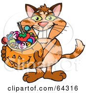 Poster, Art Print Of Trick Or Treating Ginger Cat Holding A Pumpkin Basket Full Of Halloween Candy