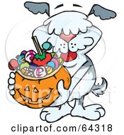 Trick Or Treating Sheepdog Holding A Pumpkin Basket Full Of Halloween Candy