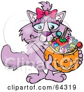 Poster, Art Print Of Trick Or Treating Pink Cat Holding A Pumpkin Basket Full Of Halloween Candy