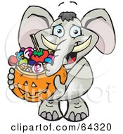 Poster, Art Print Of Trick Or Treating Elephant Holding A Pumpkin Basket Full Of Halloween Candy
