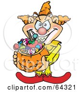 Poster, Art Print Of Trick Or Treating Clown Holding A Pumpkin Basket Full Of Halloween Candy