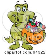 Poster, Art Print Of Trick Or Treating Crocodile Holding A Pumpkin Basket Full Of Halloween Candy