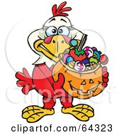 Poster, Art Print Of Trick Or Treating Hen Holding A Pumpkin Basket Full Of Halloween Candy