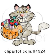 Poster, Art Print Of Trick Or Treating Cat Holding A Pumpkin Basket Full Of Halloween Candy
