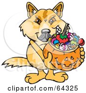 Poster, Art Print Of Trick Or Treating Dingo Holding A Pumpkin Basket Full Of Halloween Candy