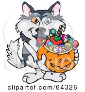 Poster, Art Print Of Trick Or Treating Husky Holding A Pumpkin Basket Full Of Halloween Candy