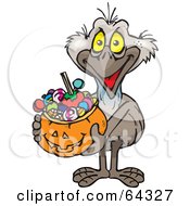 Poster, Art Print Of Trick Or Treating Emu Holding A Pumpkin Basket Full Of Halloween Candy