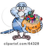 Poster, Art Print Of Trick Or Treating Budgerigar Holding A Pumpkin Basket Full Of Halloween Candy