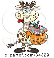 Poster, Art Print Of Trick Or Treating Giraffe Holding A Pumpkin Basket Full Of Halloween Candy