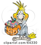 Poster, Art Print Of Trick Or Treating Cockatiel Holding A Pumpkin Basket Full Of Halloween Candy