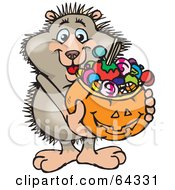 Royalty Free RF Clipart Illustration Of A Trick Or Treating Hedgehog Holding A Pumpkin Basket Full Of Halloween Candy