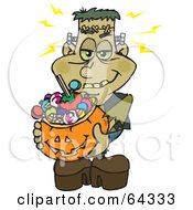 Trick Or Treating Frankenstein Holding A Pumpkin Basket Full Of Halloween Candy