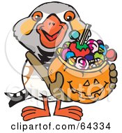 Poster, Art Print Of Trick Or Treating Zebra Finch Holding A Pumpkin Basket Full Of Halloween Candy
