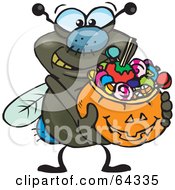 Poster, Art Print Of Trick Or Treating Fly Holding A Pumpkin Basket Full Of Halloween Candy