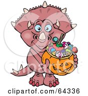 Poster, Art Print Of Trick Or Treating Triceratops Holding A Pumpkin Basket Full Of Halloween Candy