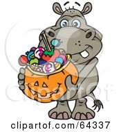 Poster, Art Print Of Trick Or Treating Hippo Holding A Pumpkin Basket Full Of Halloween Candy