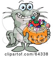 Poster, Art Print Of Trick Or Treating Catfish Holding A Pumpkin Basket Full Of Halloween Candy