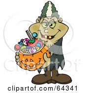 Trick Or Treating Bride Of Frankenstein Holding A Pumpkin Basket Full Of Halloween Candy