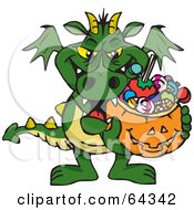 Poster, Art Print Of Trick Or Treating Green Dragon Holding A Pumpkin Basket Full Of Halloween Candy