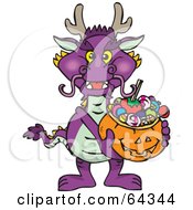 Poster, Art Print Of Trick Or Treating Purple Dragon Holding A Pumpkin Basket Full Of Halloween Candy