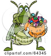 Poster, Art Print Of Trick Or Treating Grasshopper Holding A Pumpkin Basket Full Of Halloween Candy