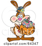Poster, Art Print Of Trick Or Treating Bunny Holding A Pumpkin Basket Full Of Halloween Candy