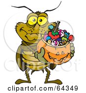 Poster, Art Print Of Trick Or Treating Cockroach Holding A Pumpkin Basket Full Of Halloween Candy